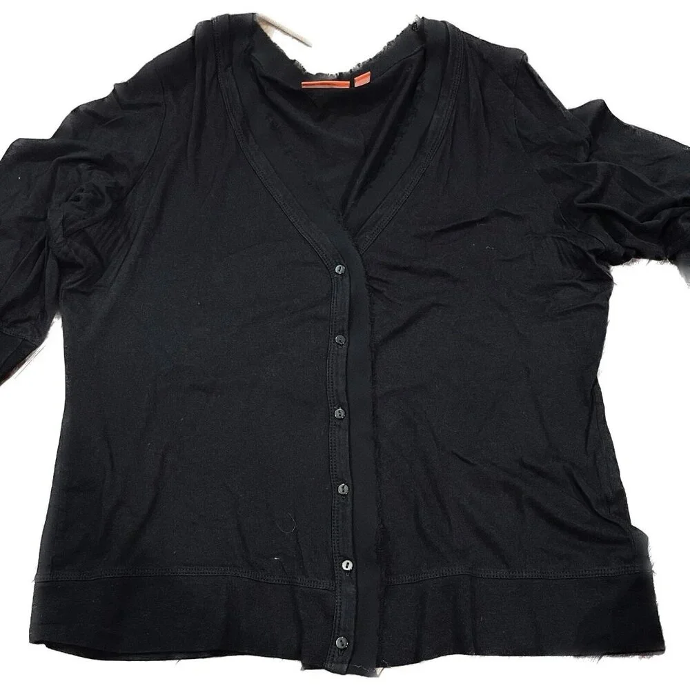 Elle Black Lightweight Button-Up Cardigan W/ Chiffon Trim 3/4 Sleeves Womens Siz - Picture 2 of 12